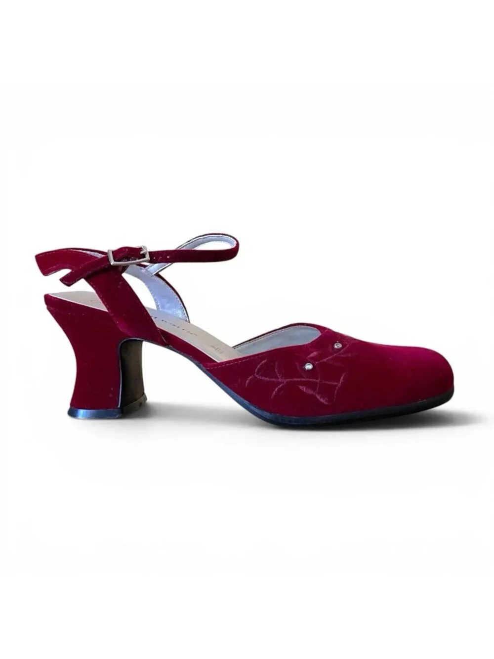 Vintage 90s Womens Mary Jane Heels Sz 7.5 Red Velvet Embroidered Whimsigoth